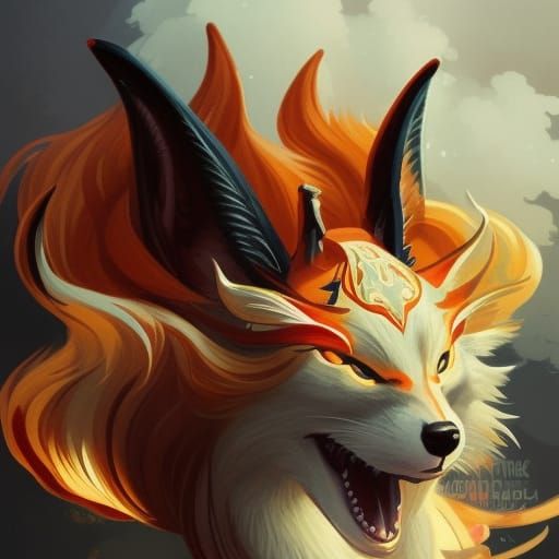 Kitsune Yokai Portrait in Hyperdetailed Digital Art