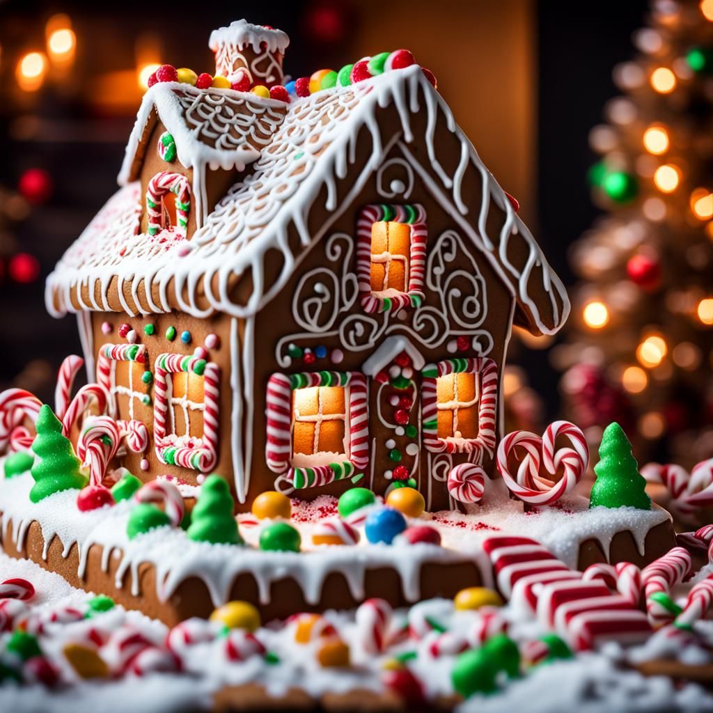 Vibrant Christmas Gingerbread House in Hyperrealistic Style