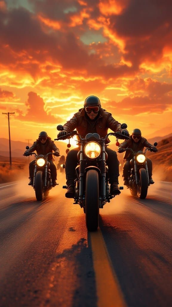 Motorcyclists Ride into Sunset in a Dynamic, Cinematic Scene