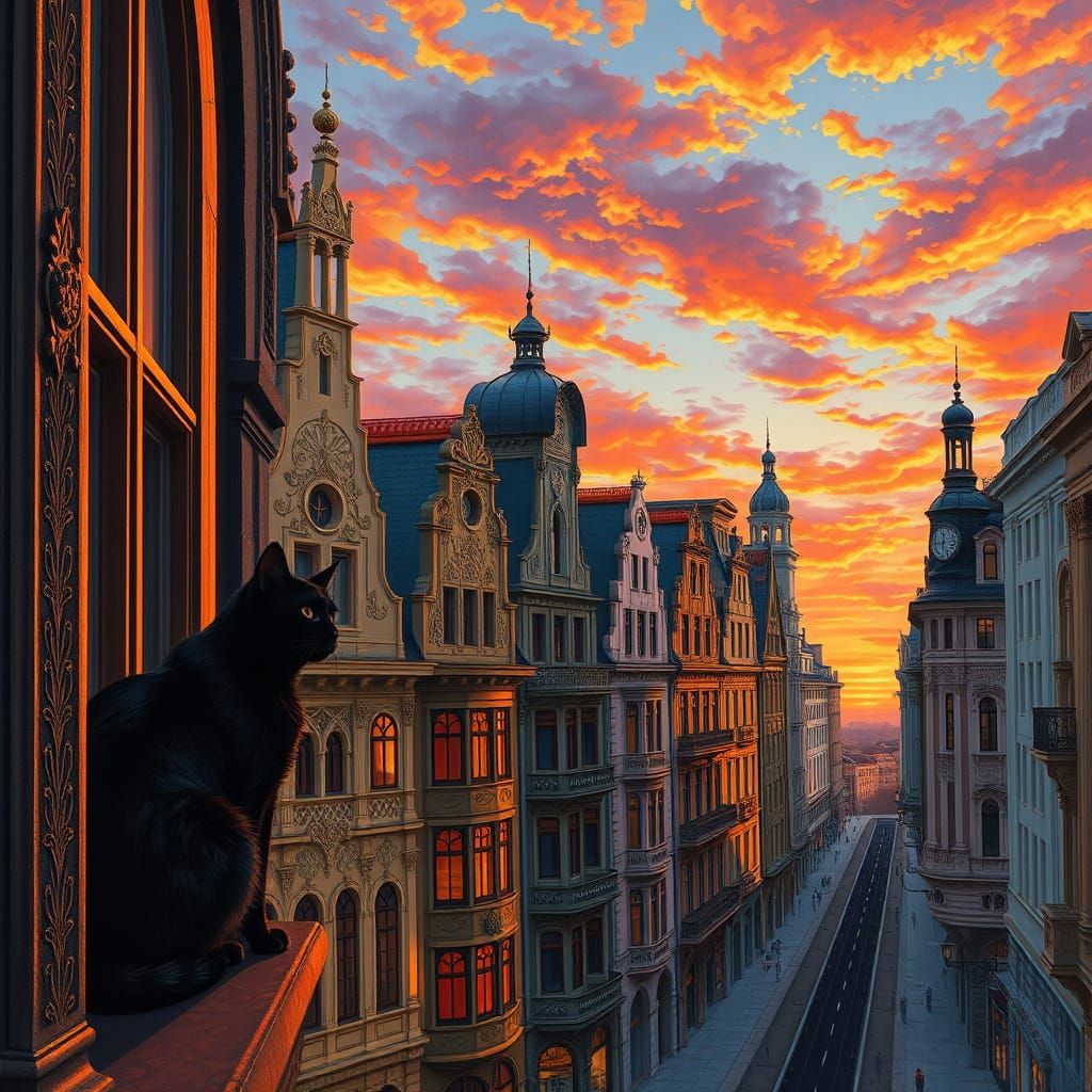 Art Nouveau Riga Street at Sunset with Black Cat
