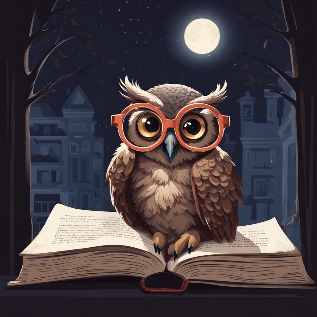 Whimsical Owl Reading Book at Night
