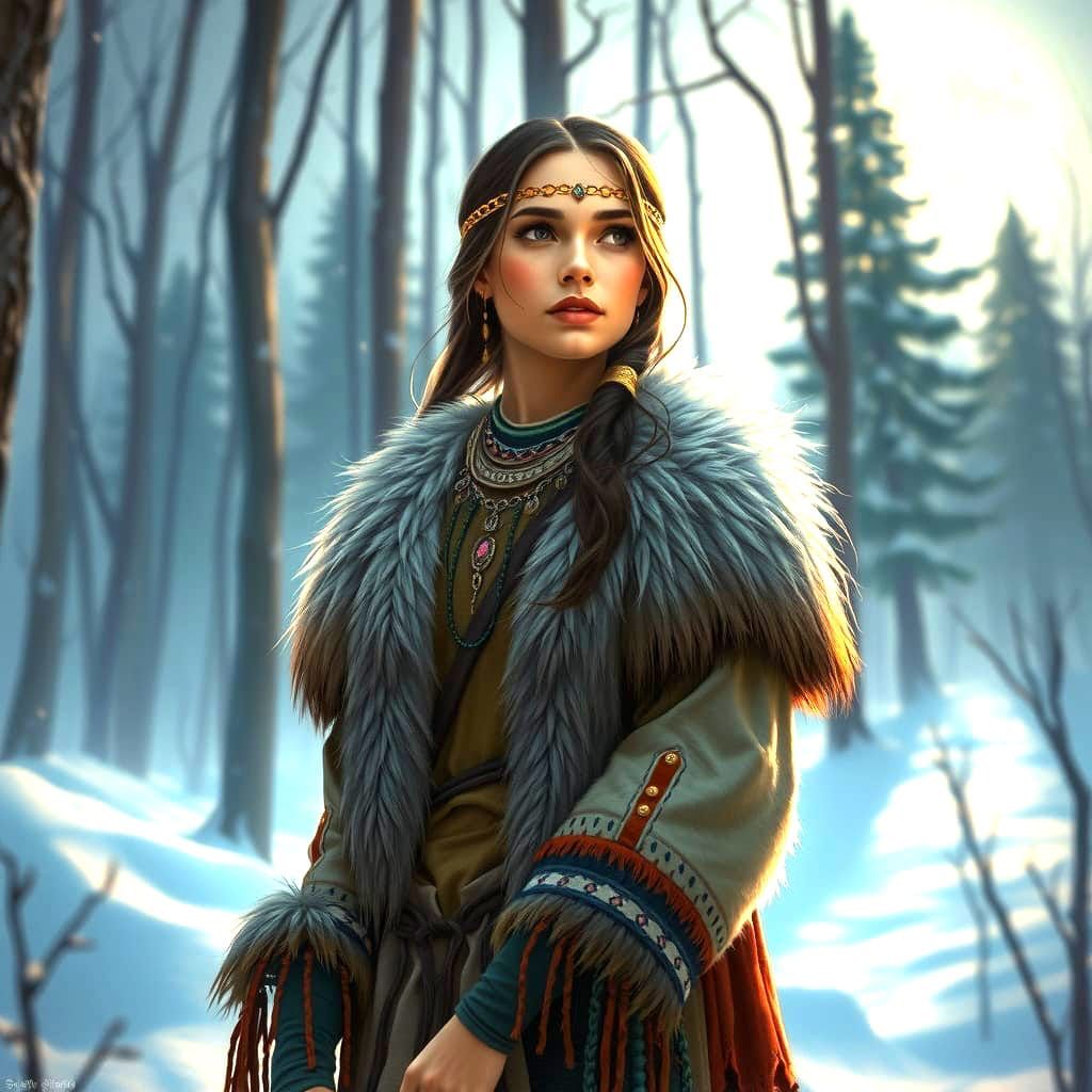 A hot woman in traditional Native American clothing, adorned...