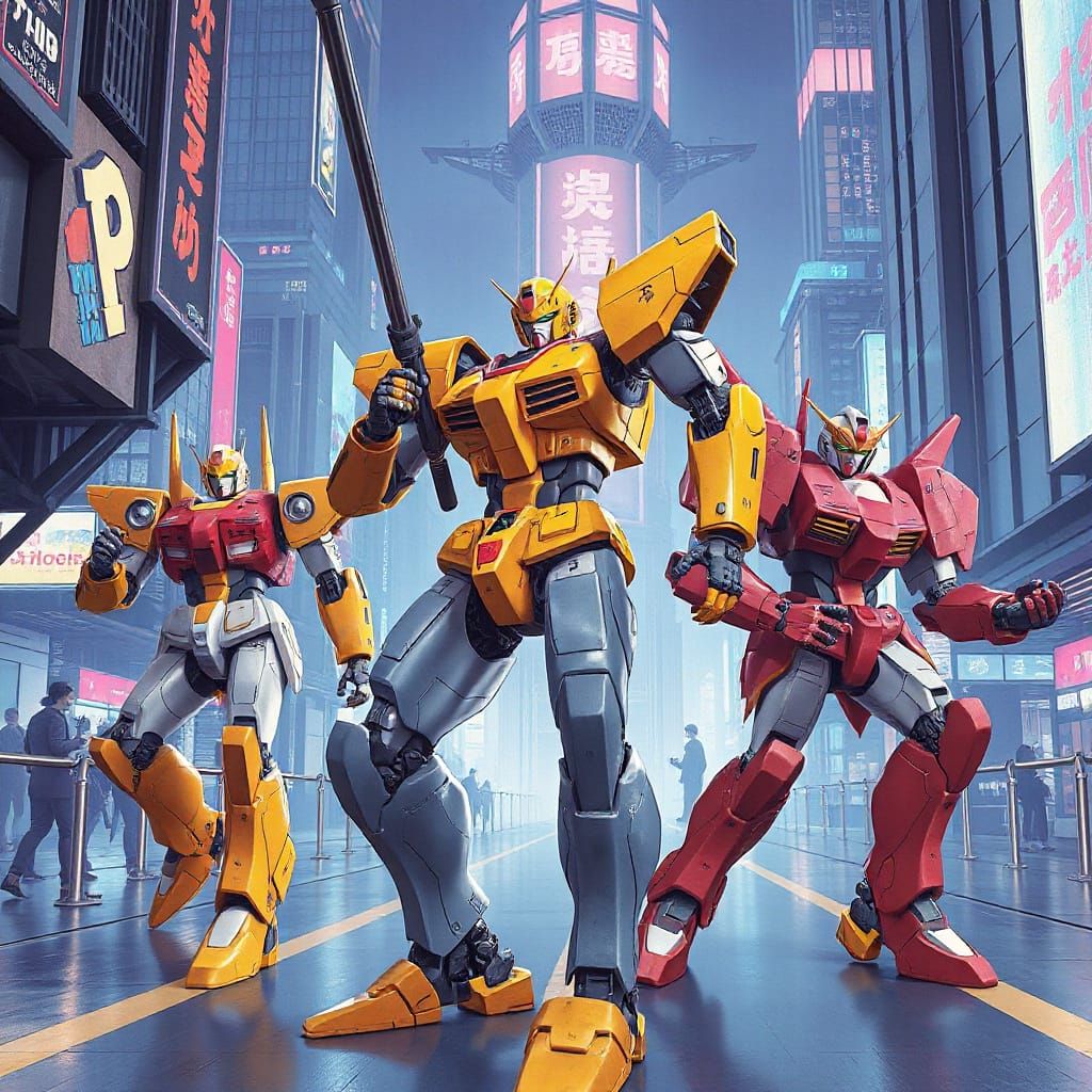 Stylized Robots in Futuristic Cityscape