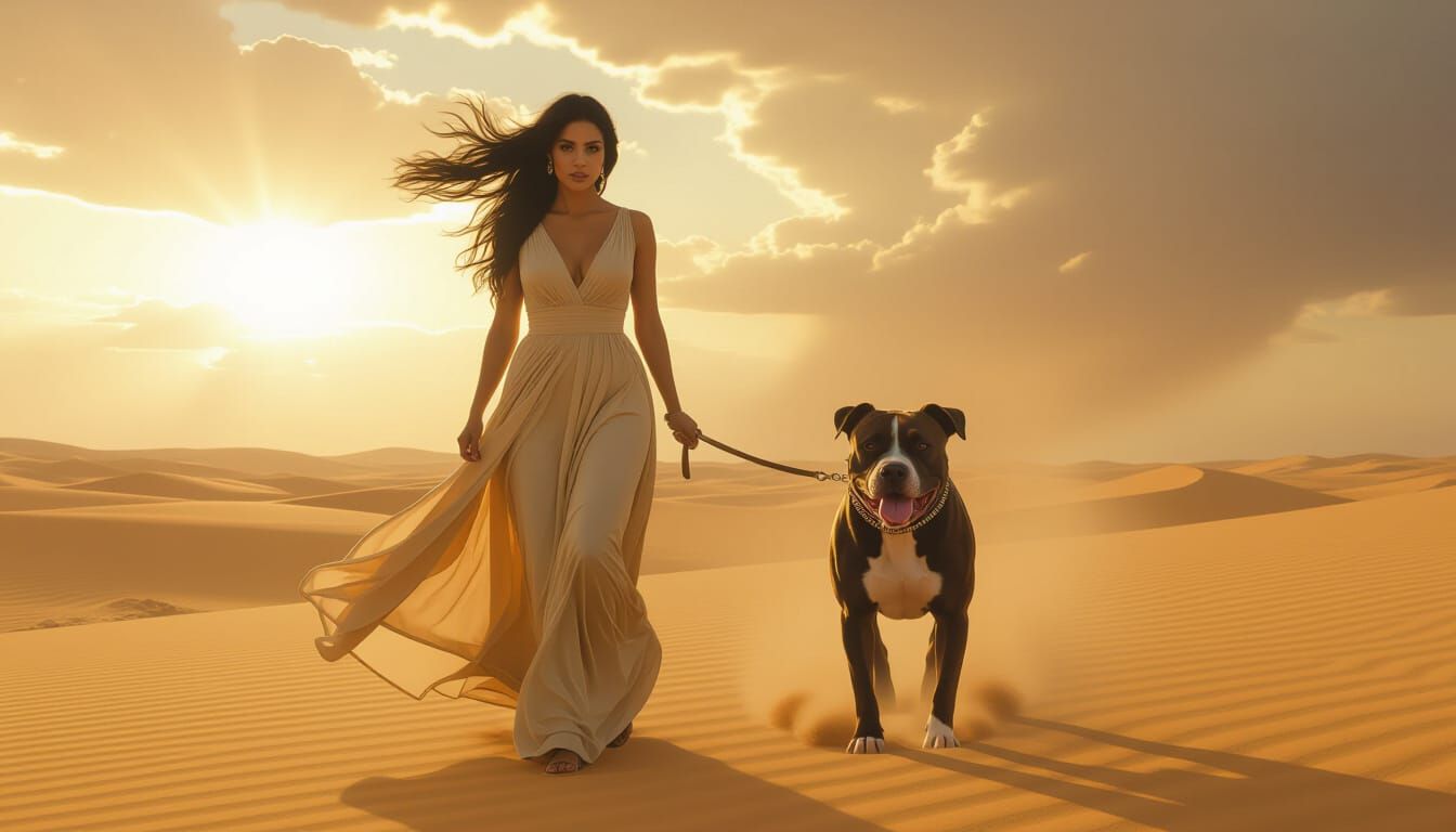 Syrian Woman and Dog in Desert Sandstorm