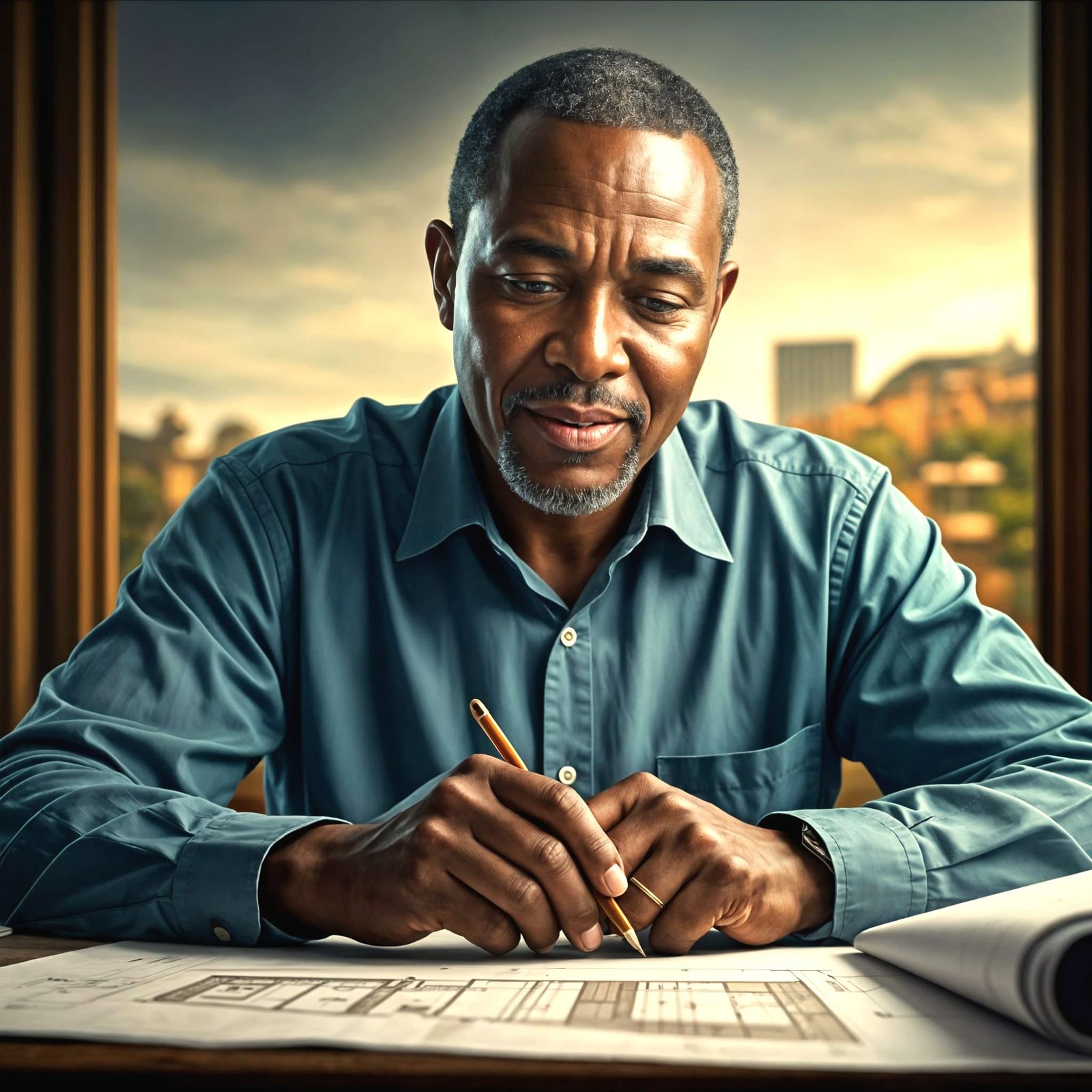 Kenyan Gentleman Studies Blueprint in Dramatic Light