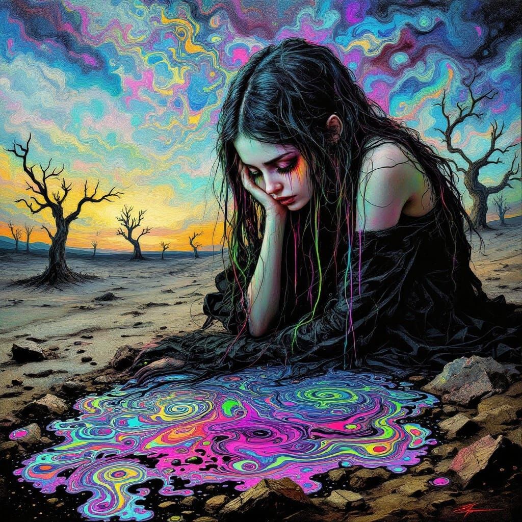 Goth Girl Cries Tears of Ferrofluid in Dreamlike Landscape