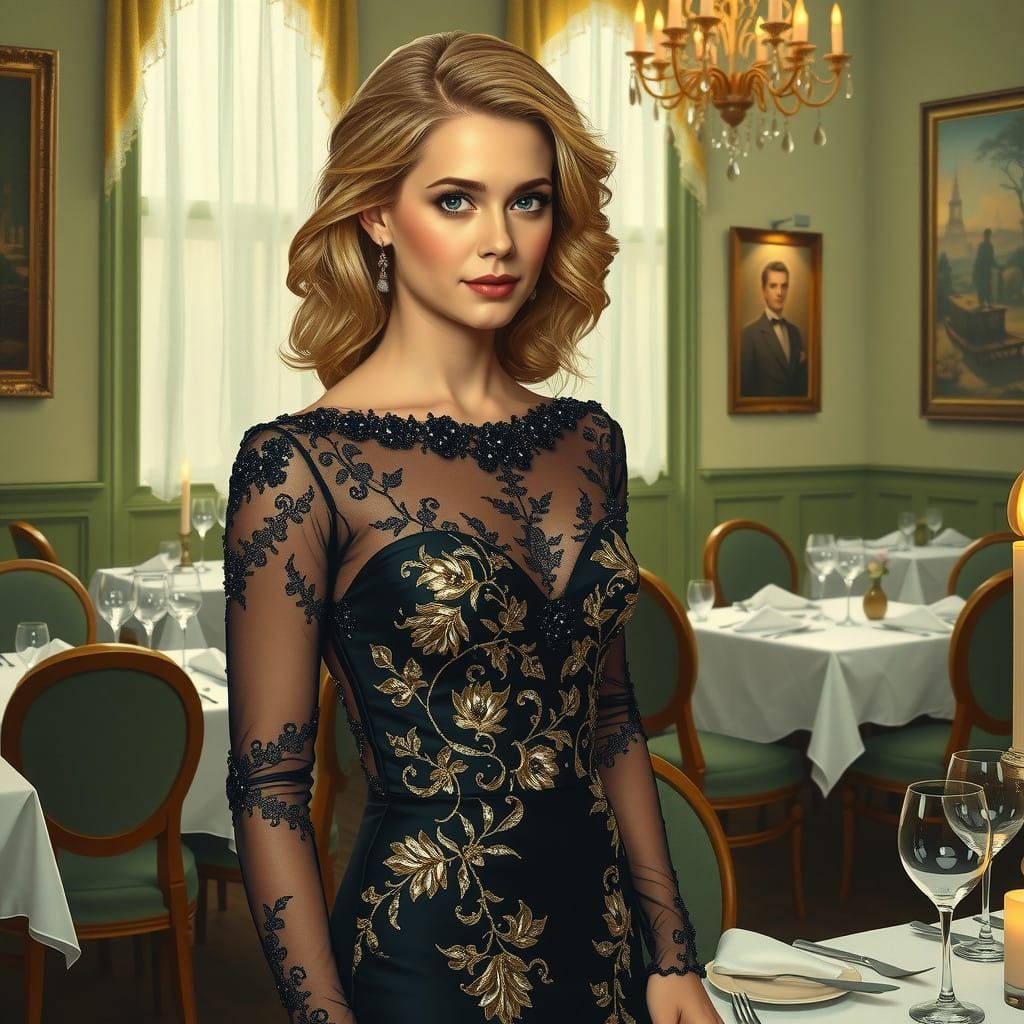 Elegant Lady in Evening Gown with Golden Embroidery