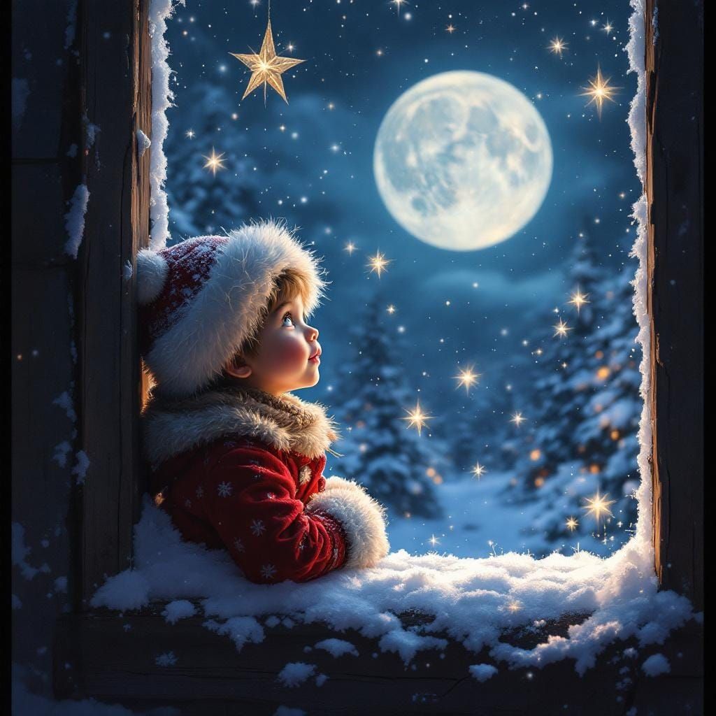 Child Gazing at Starry Sky on Christmas Eve