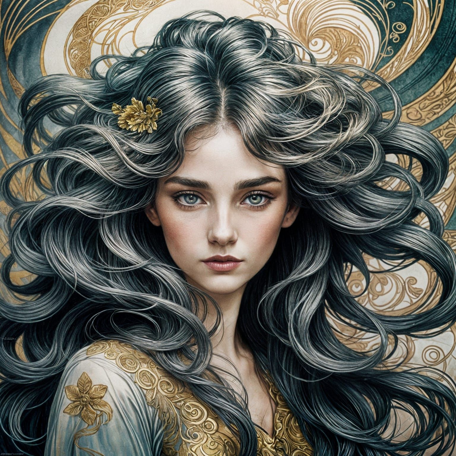 Un portrait avec des touches d'encre se fondant dans les traits pour un effet dramatique. contrasting colors ink drawing...