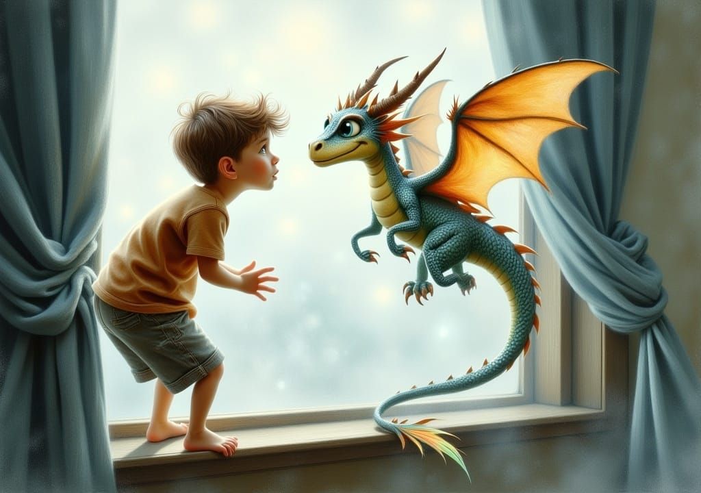 Boy and Dragon at Misty Window, Whimsical Illustration