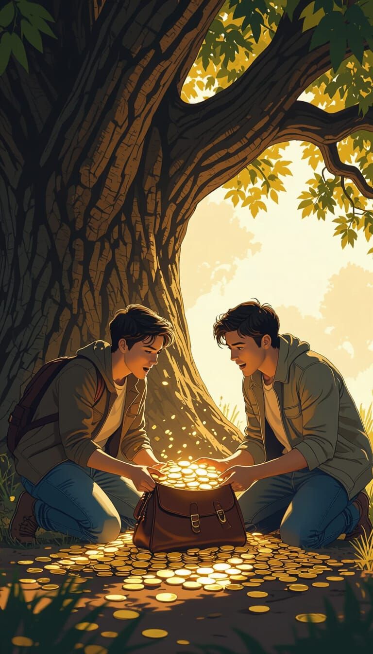 Friends Discovering Gold Coins Under a Tree