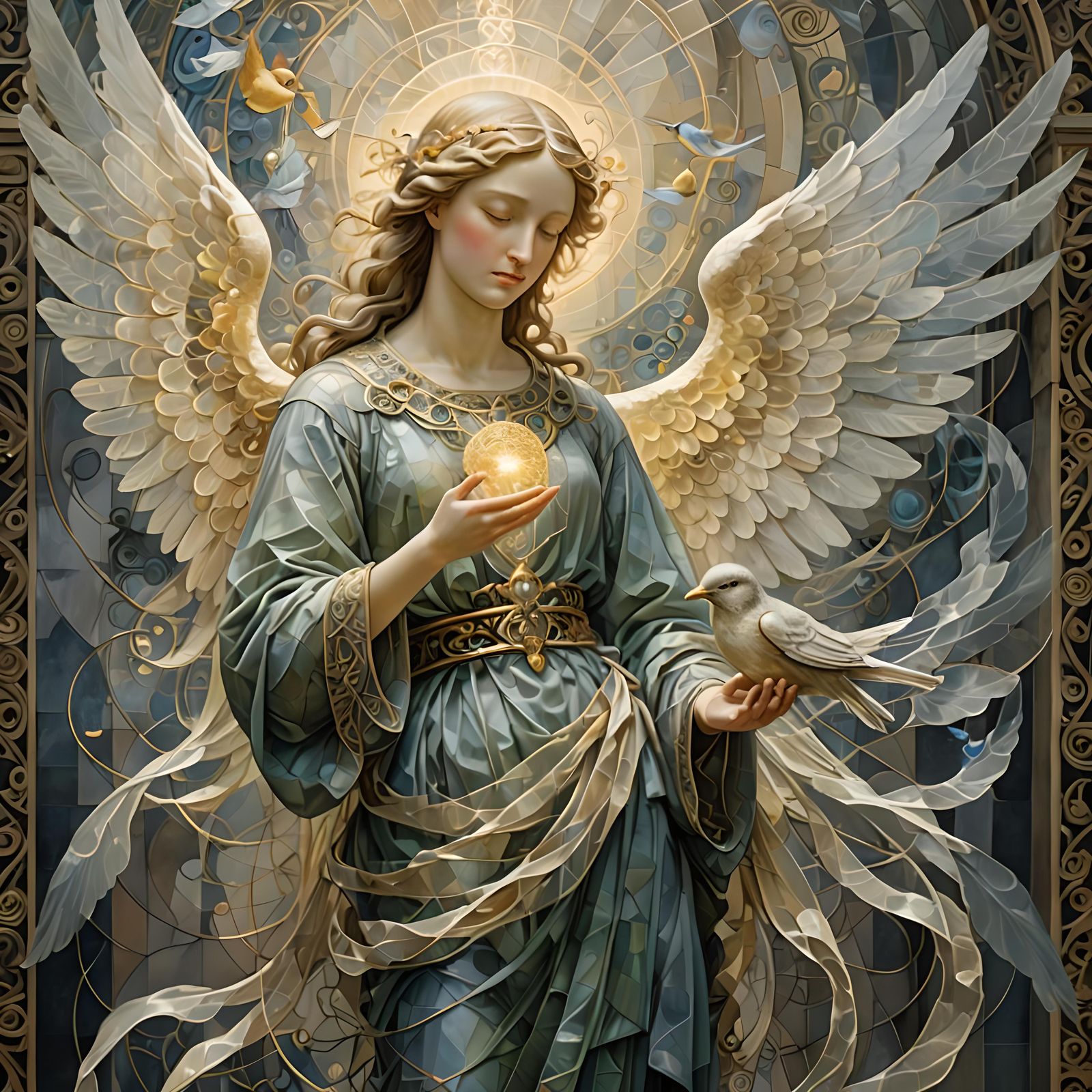 Luminous Angel Holding Bird in Vorticist Style
