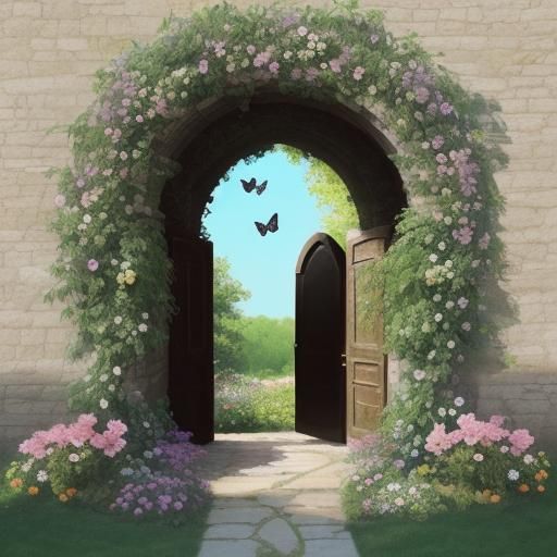 Floral Garden View Through Stone Arch