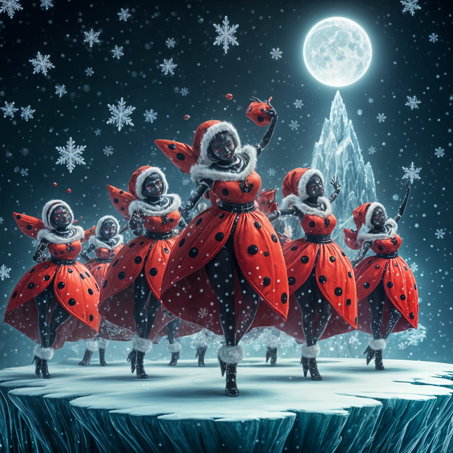 Whimsical Ladybugs Dance on Glittering Iceberg