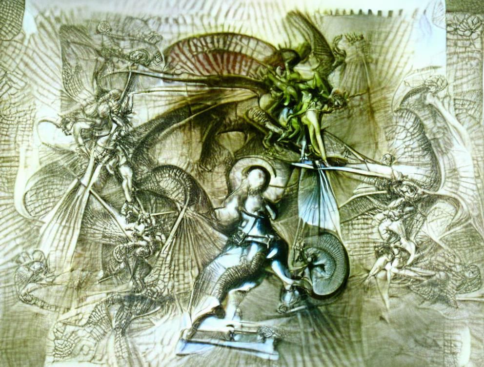 St Michael Slaying Dragon: Victorian Engraving