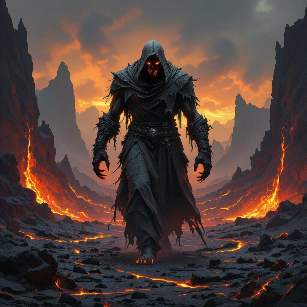 Colossal Demon Walks Volcanic Landscape in Dark Style