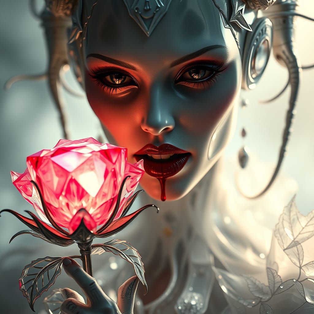 Ethereal Vampire Robot Hybrid Portrait in Soft, Dreamy Backd...