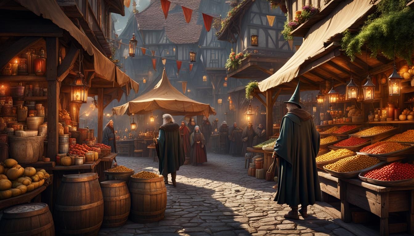 Wizard Shopping at Medieval Market: Fantasy Concept Art