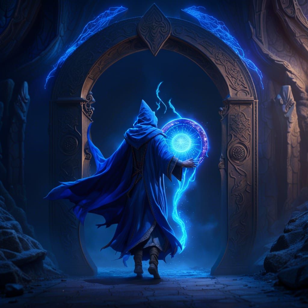 Blue Wizard Drawn Into a Magical Portal