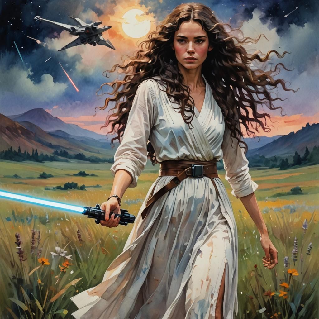 Woman with Lightsaber in Meadow, Gouache Style