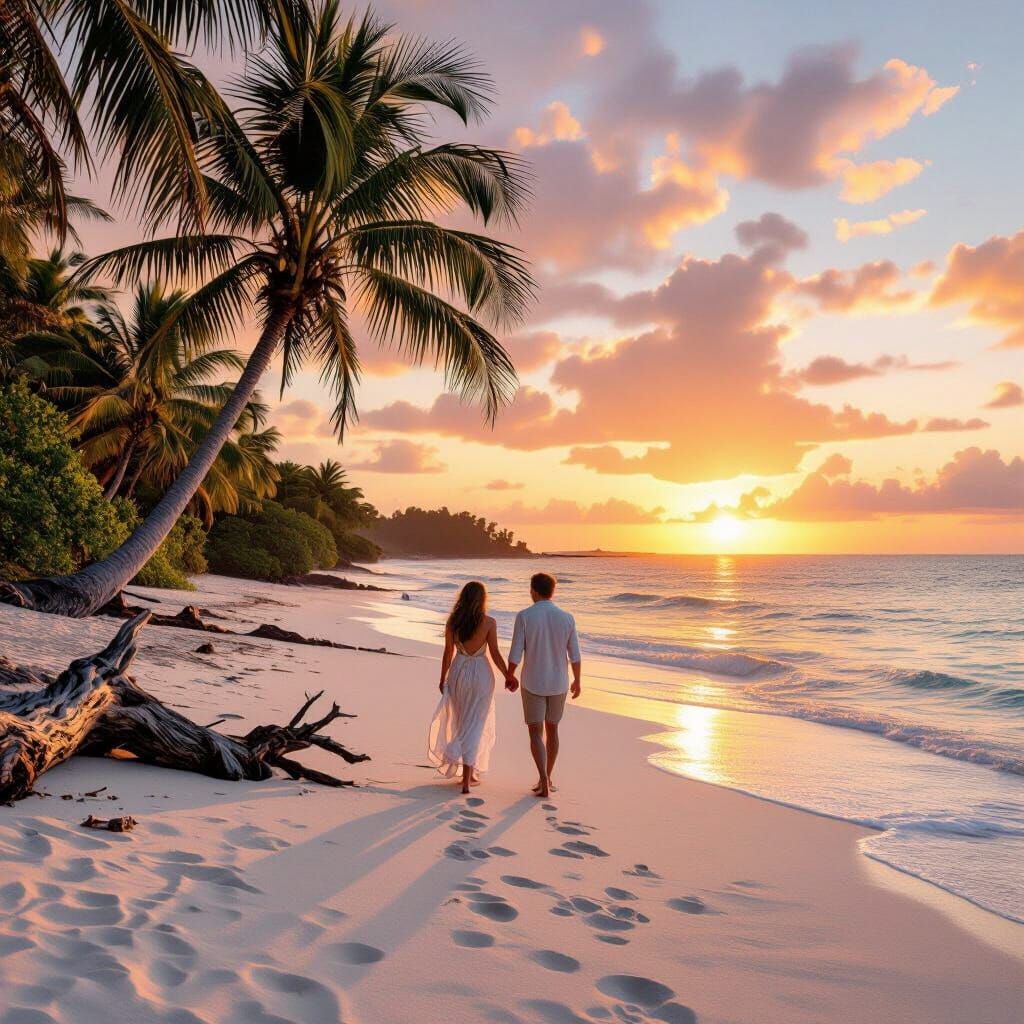 Romantic Sunset Beach Scene with Lovers in Monet-Fragonard S...