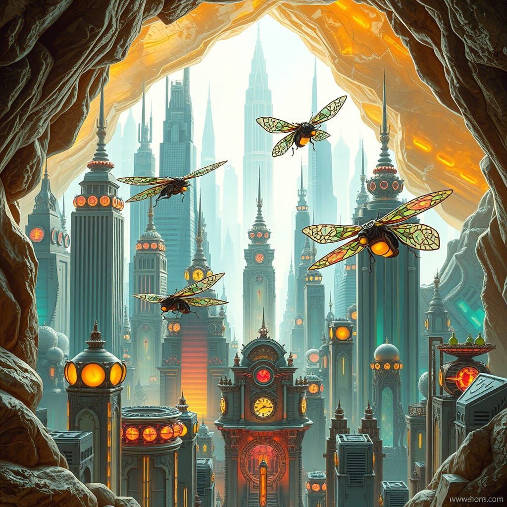 Retro-Futuristic City Inside a Geode with Crystal Towers