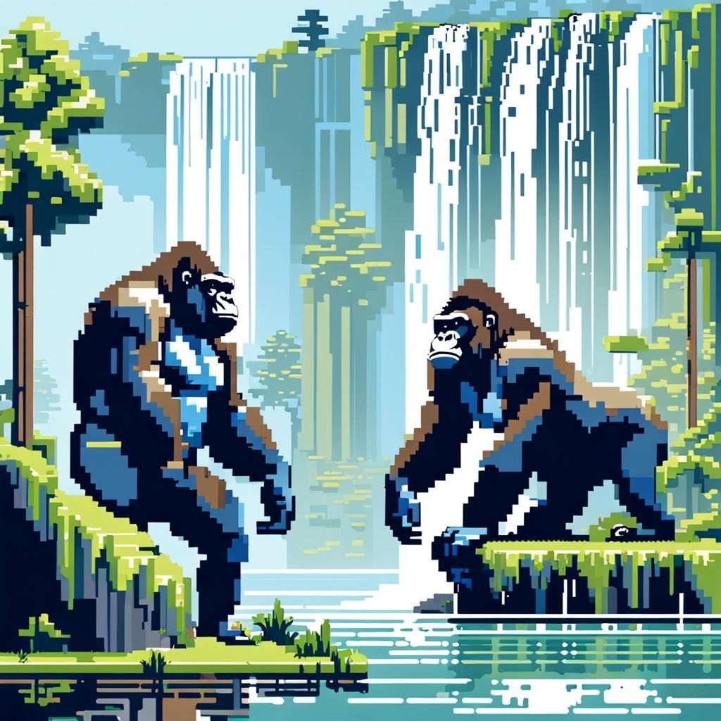 8-Bit Pixel Art Gorillas by Waterfall