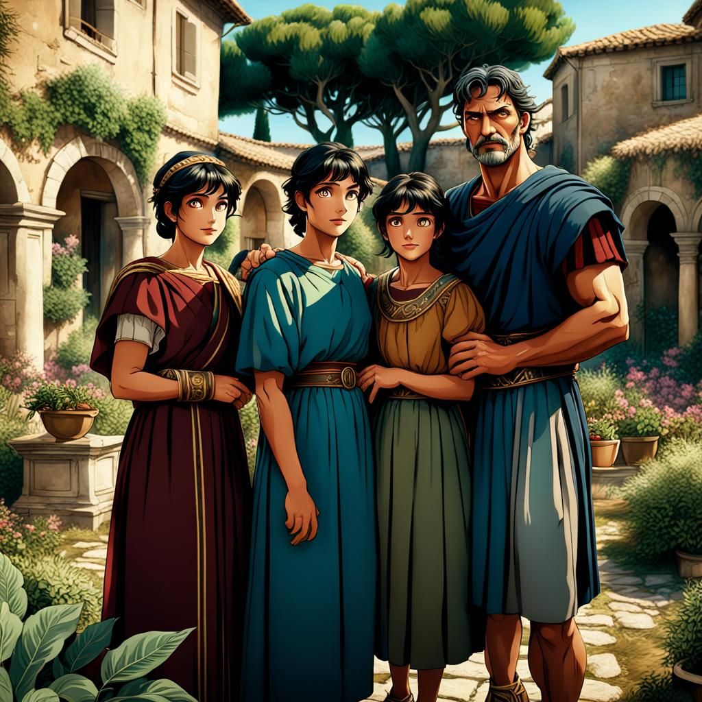 Vibrant Roman Family Gathering: A Cinematic Anime-Style