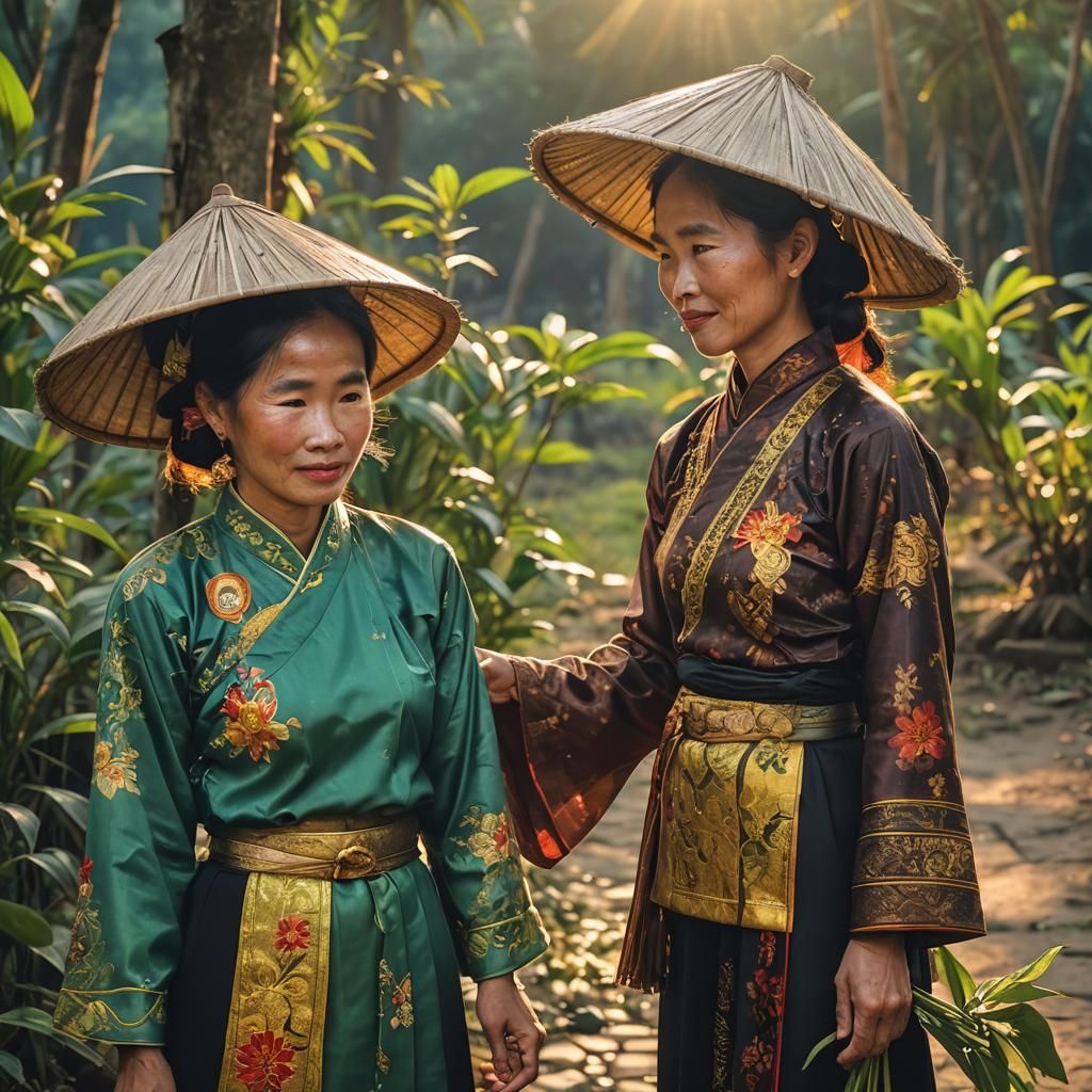 Vietnamese Ladies in National Dress at Sunset