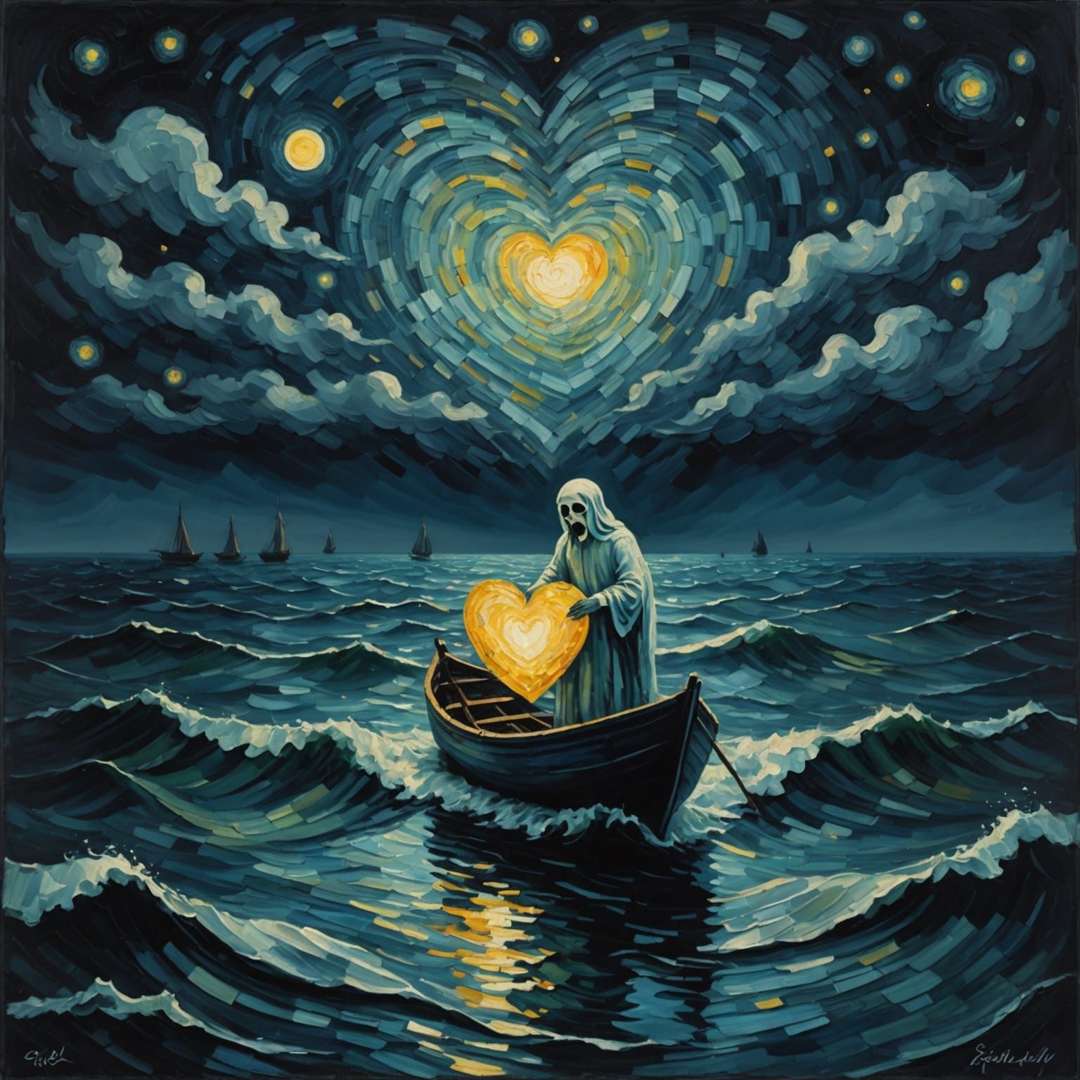 Ghostly Heart on a Lonely Sea in Van Gogh Style