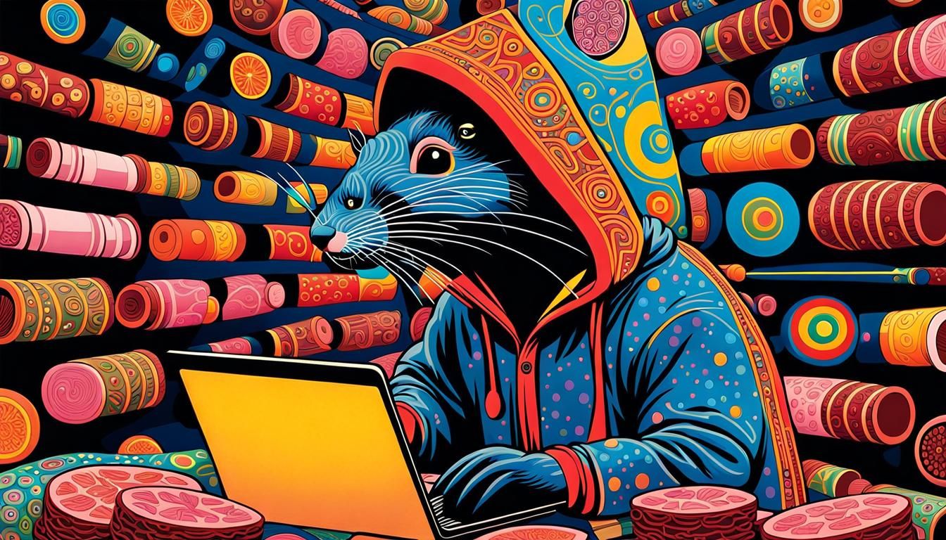 Hacker Rat with Deli Meat Laptop: Wood Engraving Style