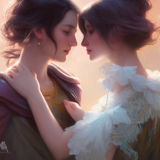 Two Women Kissing, Engagement Ring in Artgerm Style