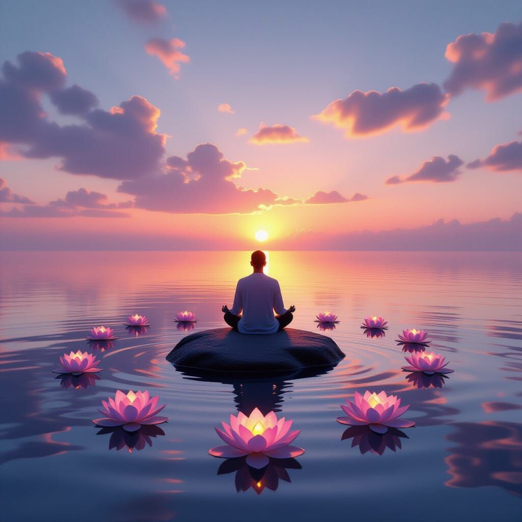 Lone Figure Meditating in Tranquil Ocean Sunset