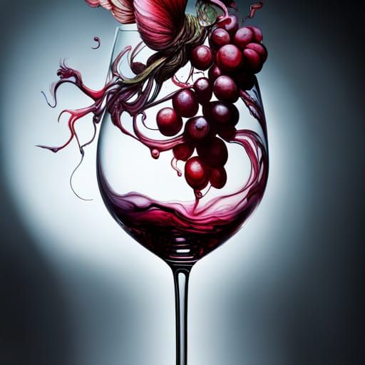 Red Wine Splash with Grapes in Hyperreal Style