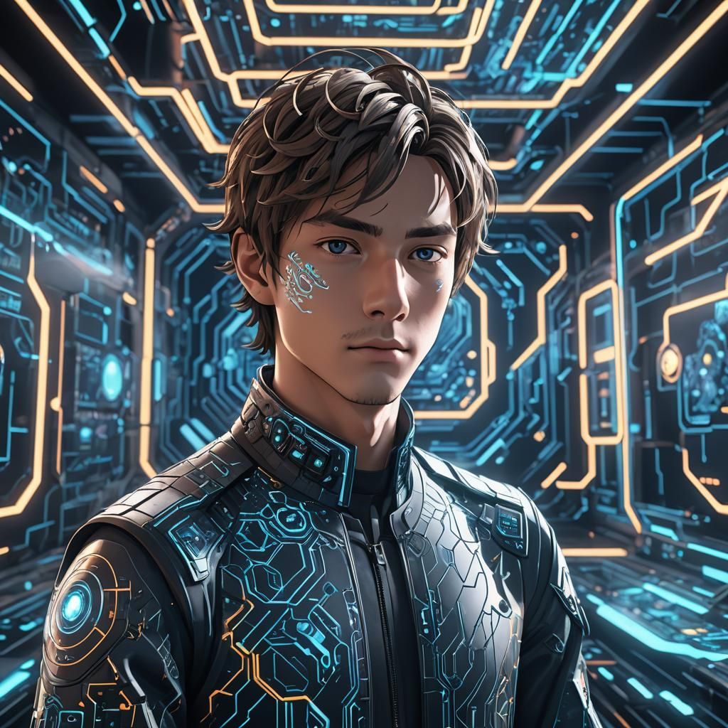 Futuristic Anime Poet in Cyberpunk Control Room