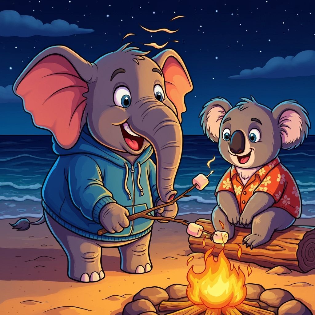 Cartoon Baby Elephant and Koala Roasting Marshmallows