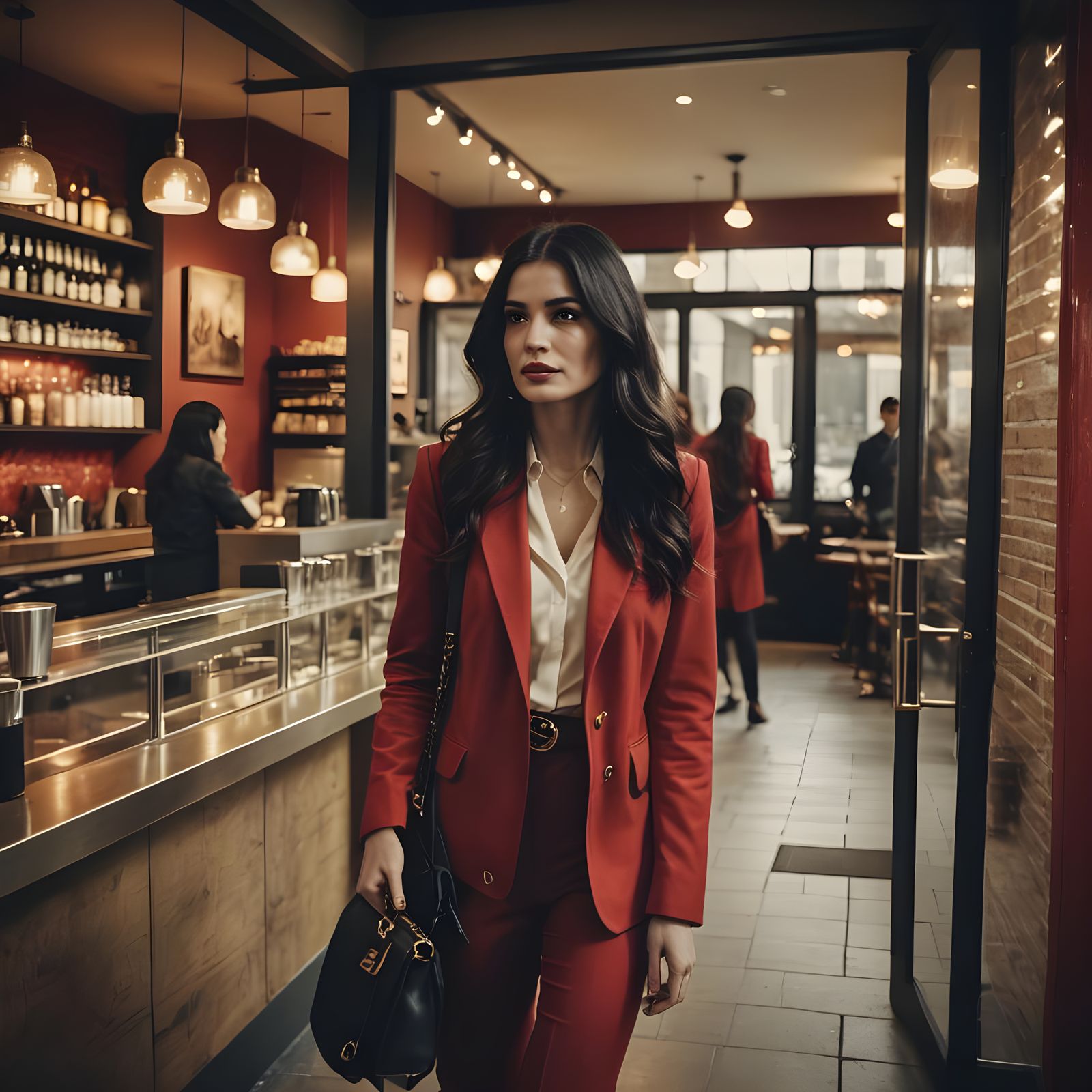 Beautiful Woman Enters Modern Coffee Bar in Cinematic Style