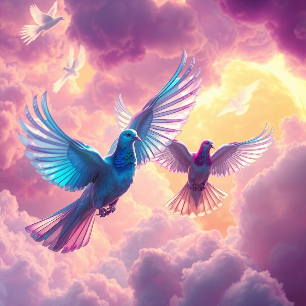 Iridescent Doves in Dreamlike Whimsy