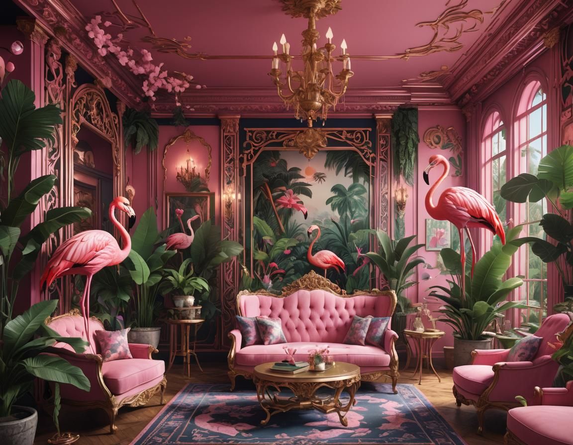 Pink Flamingo Tropical Parlor: Detailed Fantasy Concept Art