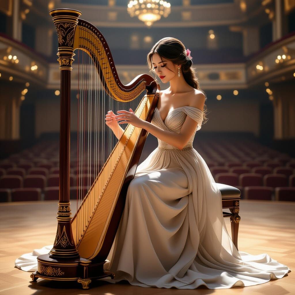 Elegant Woman Plays Harp in Hyper-Realism Style