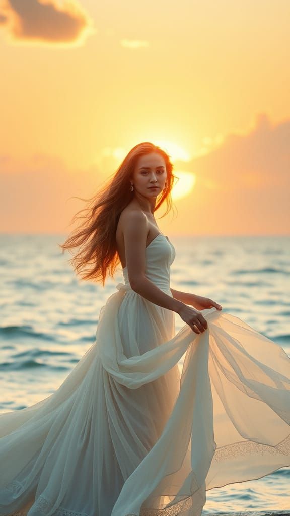 Serene Pisces Zodiac Figure Guides a Young Woman in a Golden...