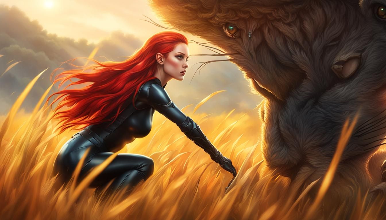 Red Haired Girl and Mouse, Hyperdetailed Photorealistic Port...