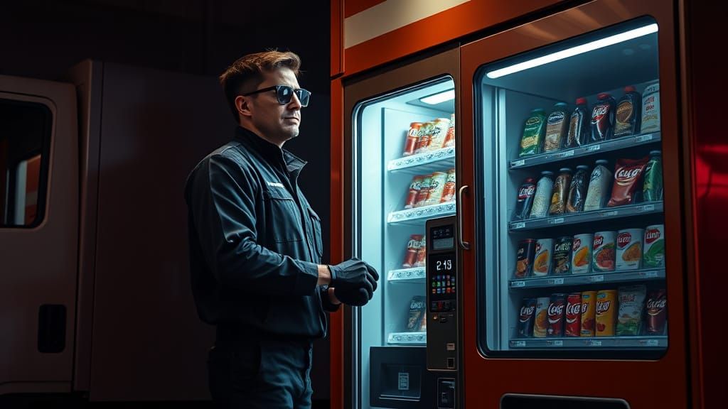 Futuristic Delivery Man Replenishing Vending Machine