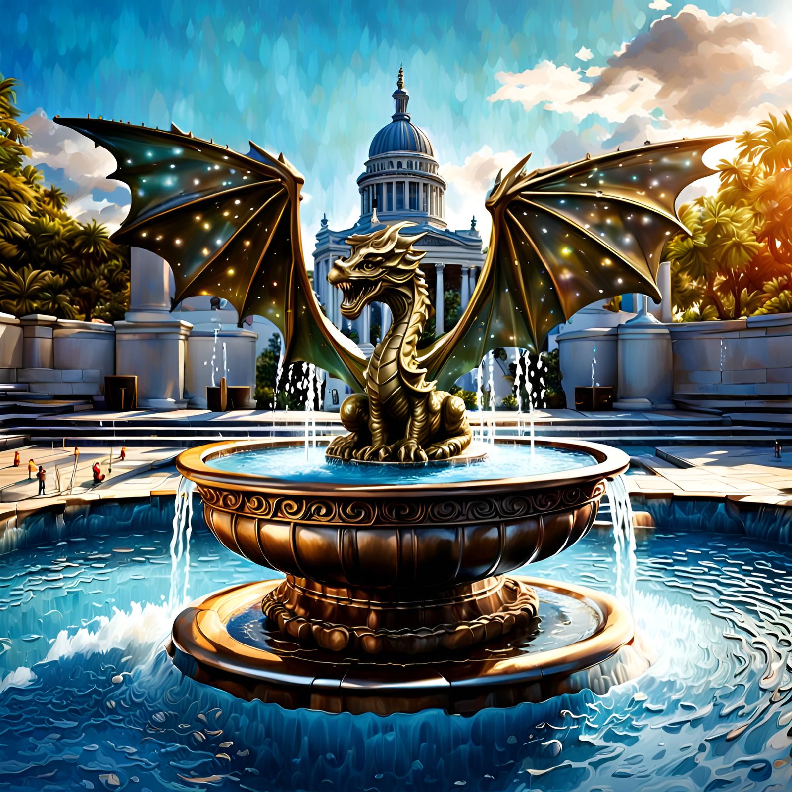 Dragon Statue Fountain in City, Digital Illustration