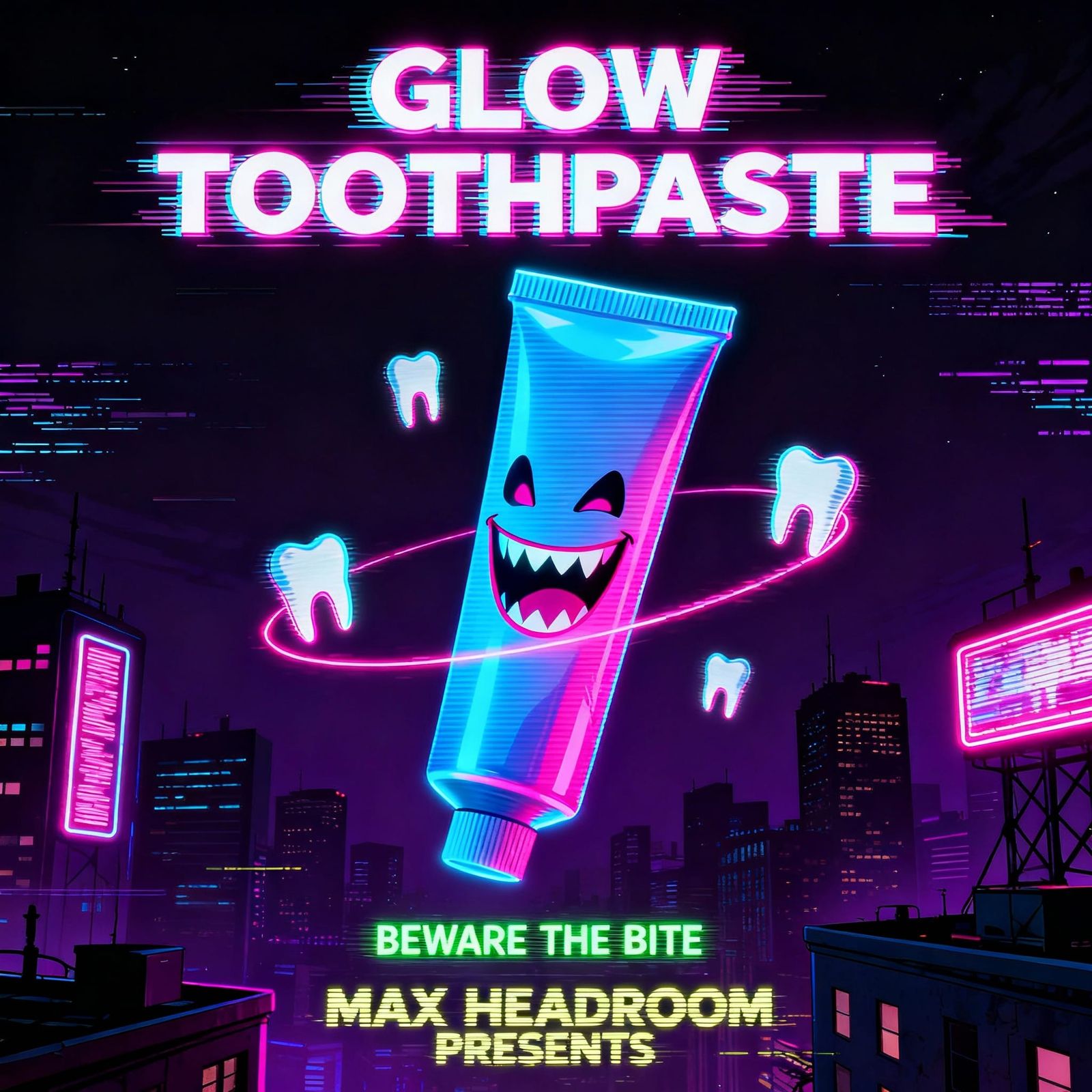 Neon Horror Toothpaste Ad in Max Headroom Style