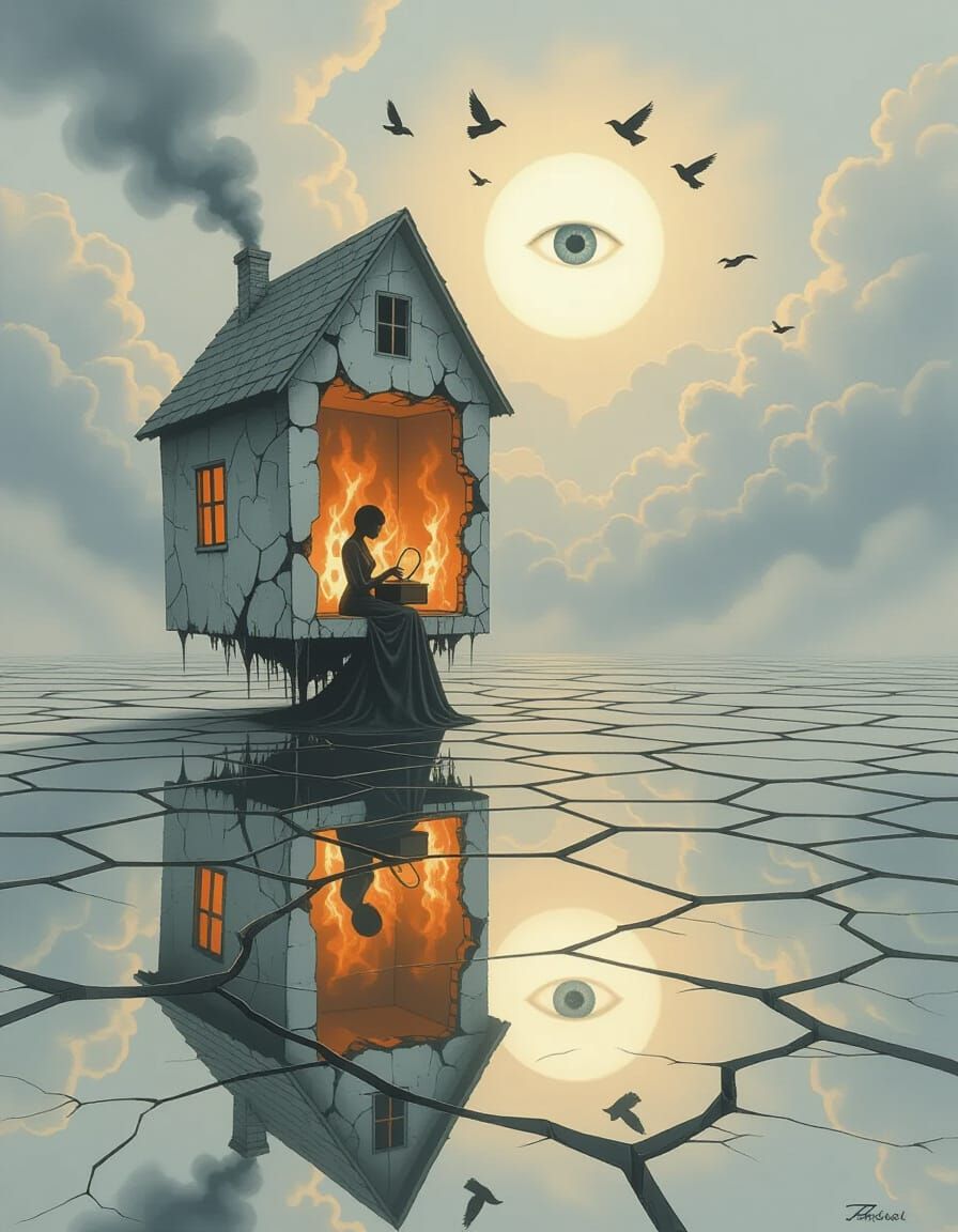Surreal Mirror Ground and Floating House in Burning Sky