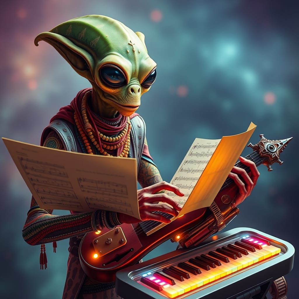 Alien Musician Playing Futuristic Instrument
