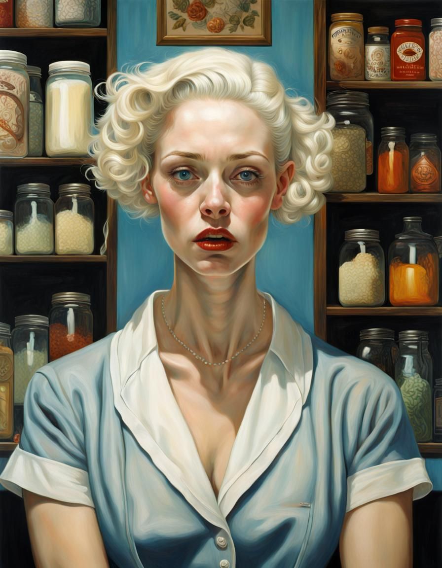 Albino Housewife's Spice Rack Horror, Rockwell Style