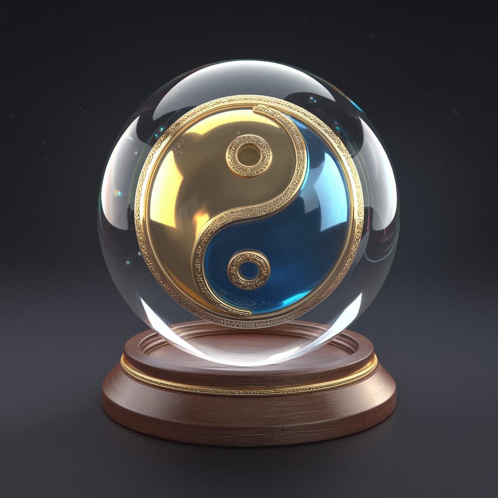 Gold and Blue Yin Yang in Glass Orb, 3D Art