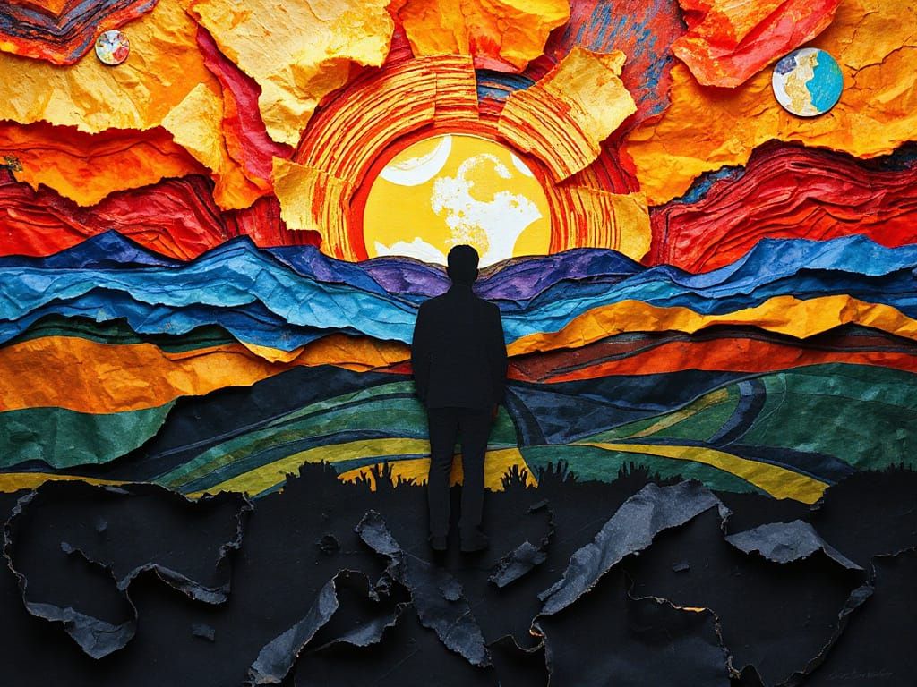 Paper Collage Silhouette Against Vivid Post-Impressionist Su...